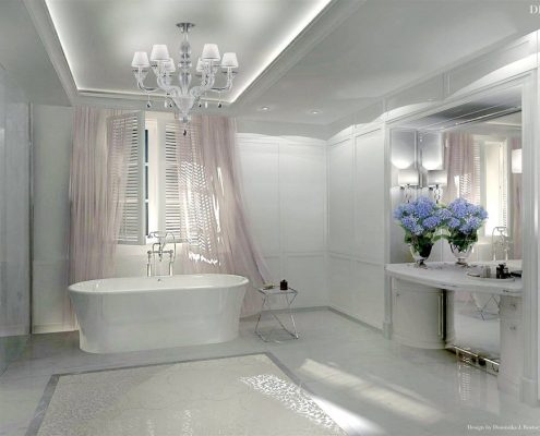 Biały pokój kąpielowy w klasycznym stylu Dominika Rostocka