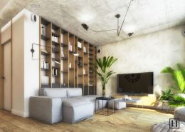 Drewno i beton w nowoczesnym mieszkaniu - kolory w salonie