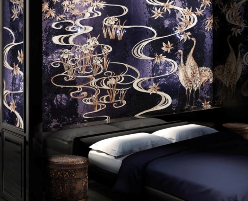 Fioletowa mozaika dekoracyjna w sypialni